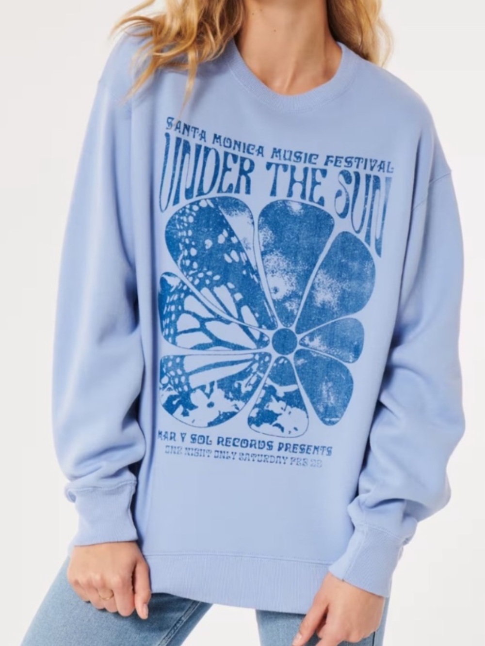 Hollister Oversized Sun Graphic Sweatshirt Blue Flower Printed Size XS